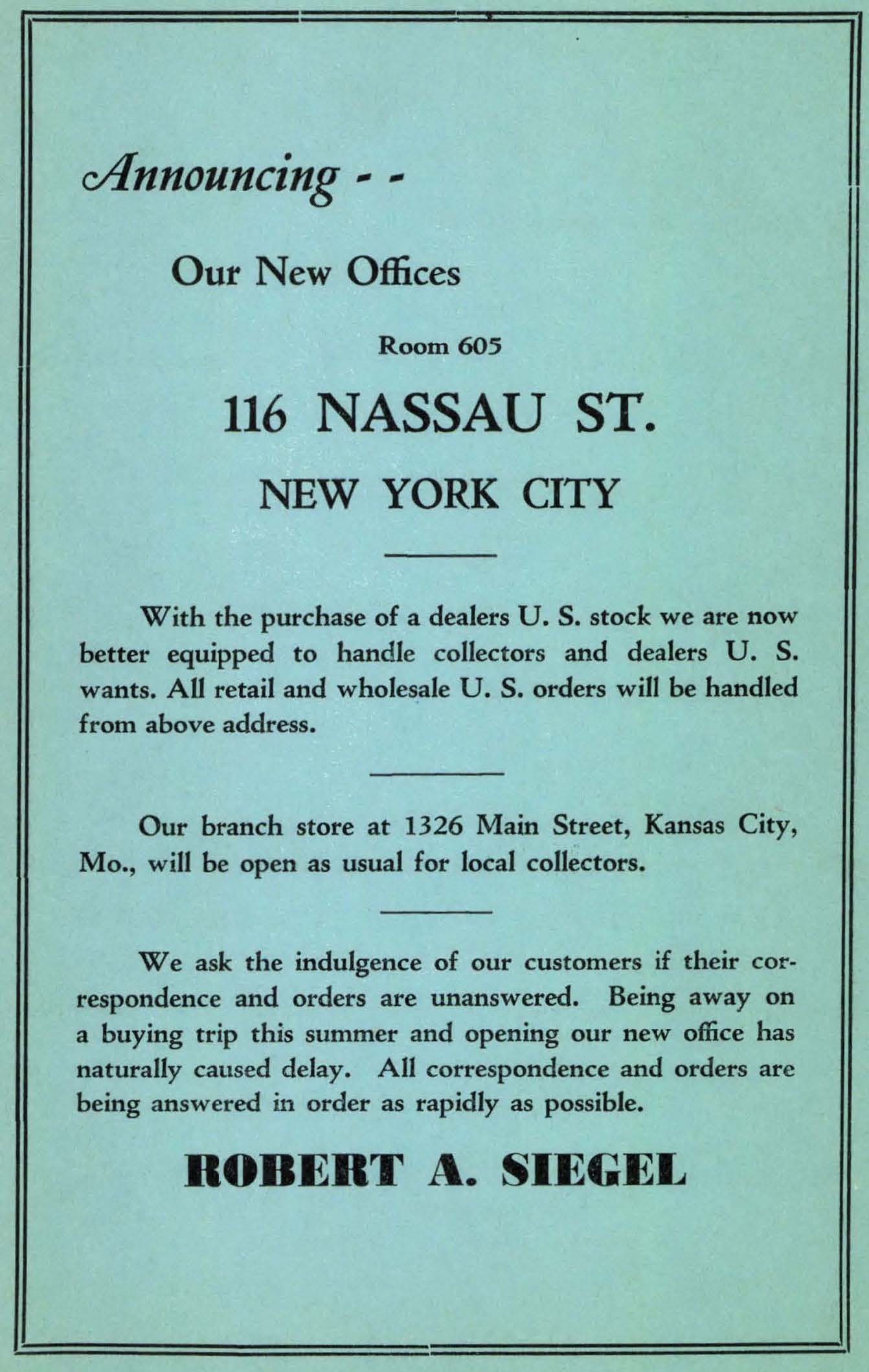 Announcement of move to New York City in Sale 25 catalogue — Siegel Auction Galleries